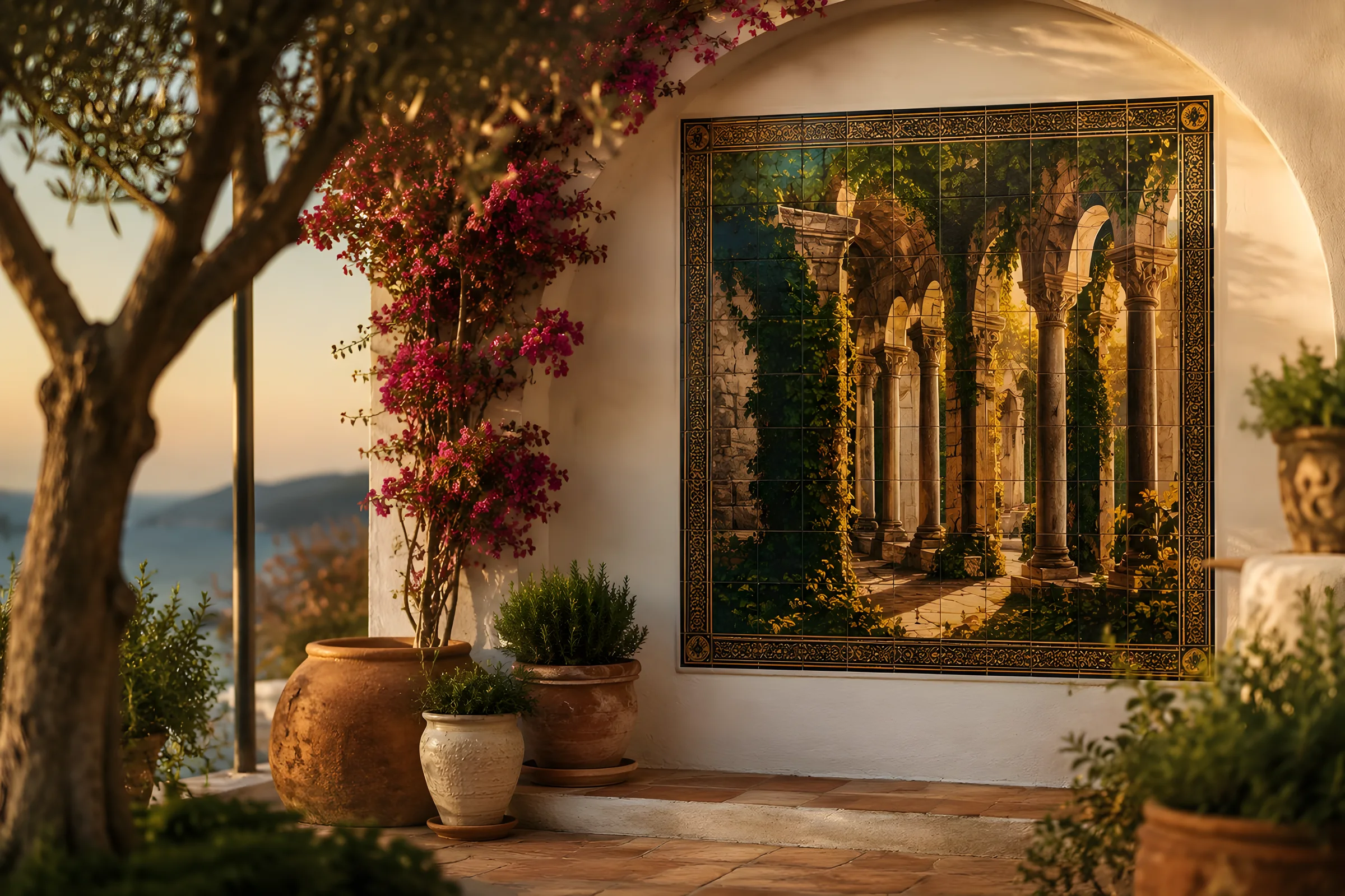 Mural cerámico de azulejos en un patio mediterráneo