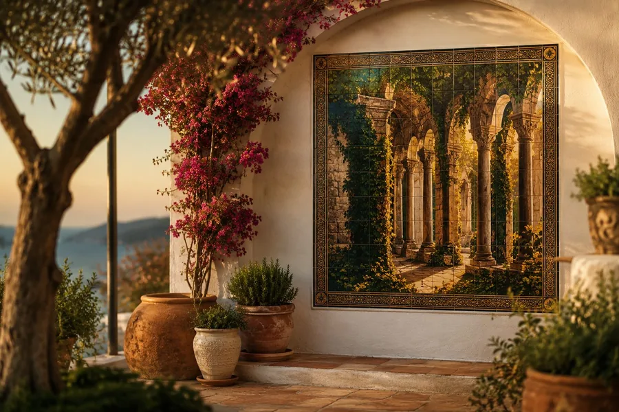 Ceramic tile mural on a patio wall, made by Cerámicas La Noria