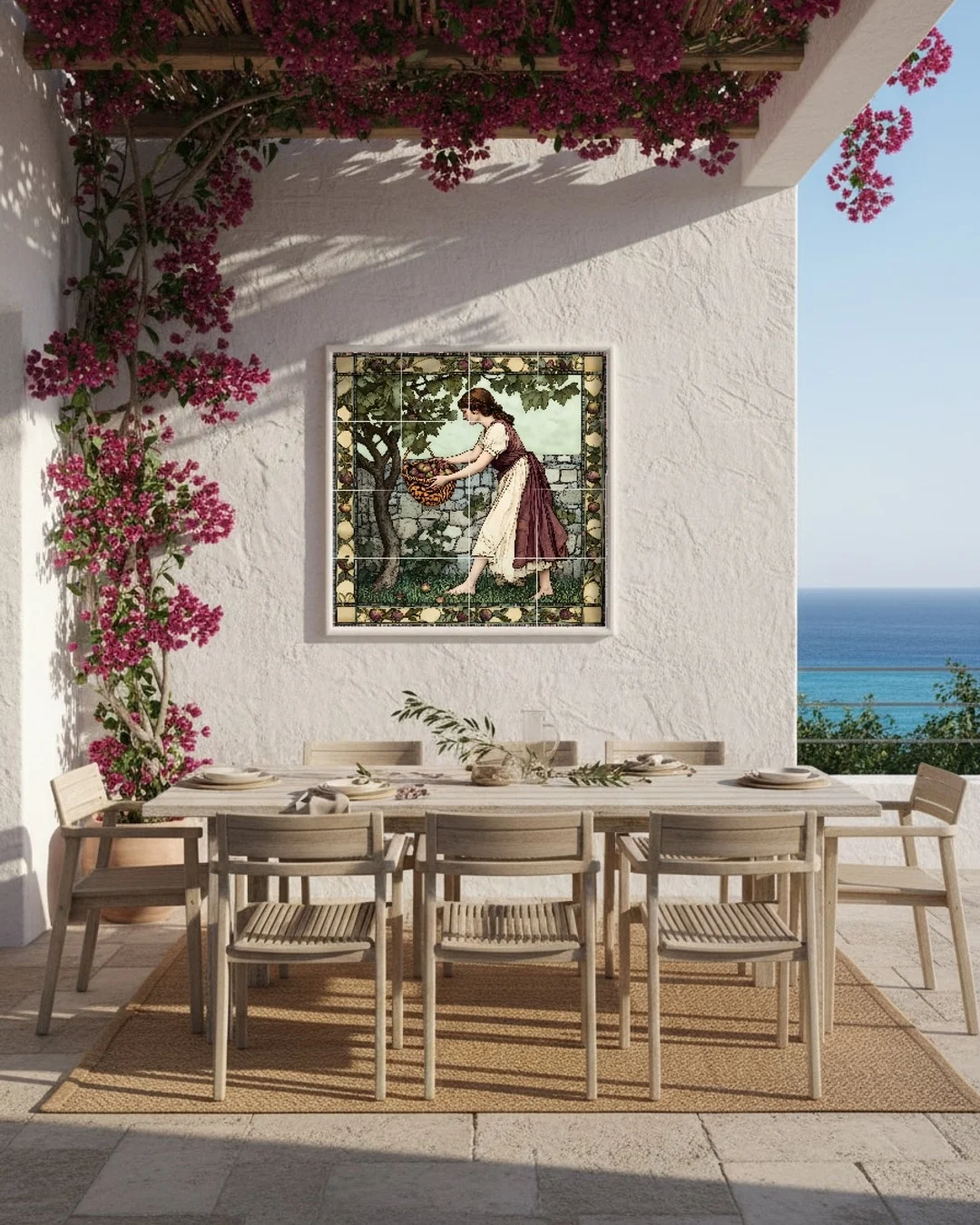 Mural cerámico de azulejos en una terraza blanca